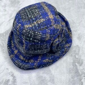 Plaid Cloche Hat Blue Black Tan Bucket Bow Wool Blend Winter Autumn Women